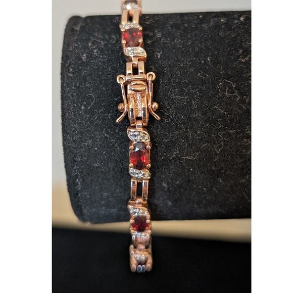 Genuine Garnet Rose Goldplated Diamond Accented Bracelet W/ Double Safety - Picture 2 of 6